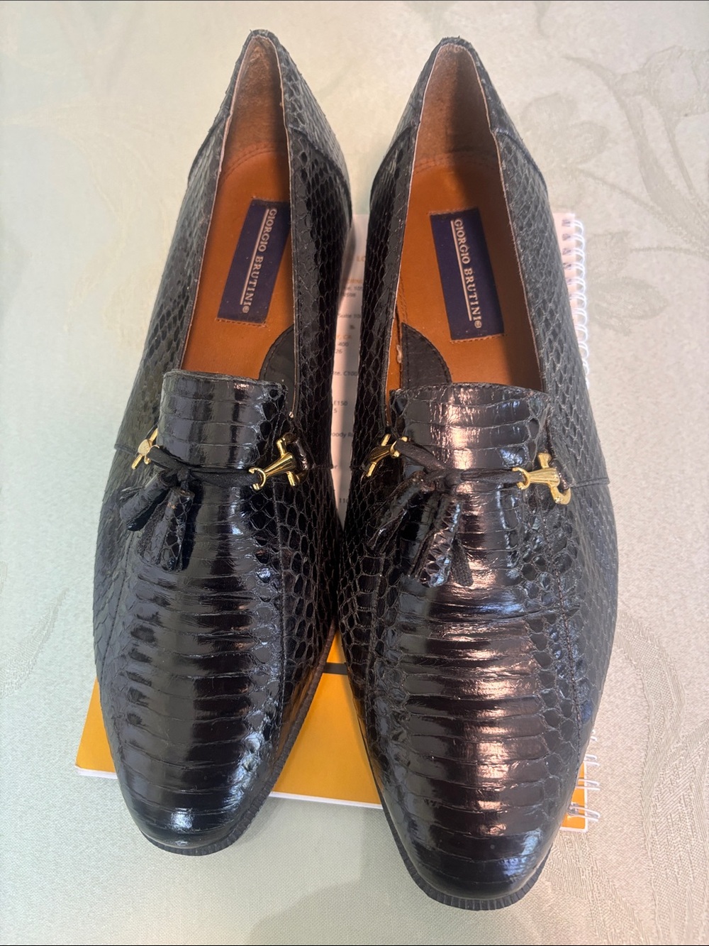 Giorgio Brutini Black Croc-Embossed Tassel Loafers with Gold Hardware